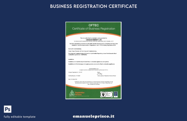 Certificato di registrazione USA OFTEC in stile verificato Modello Word e PDF